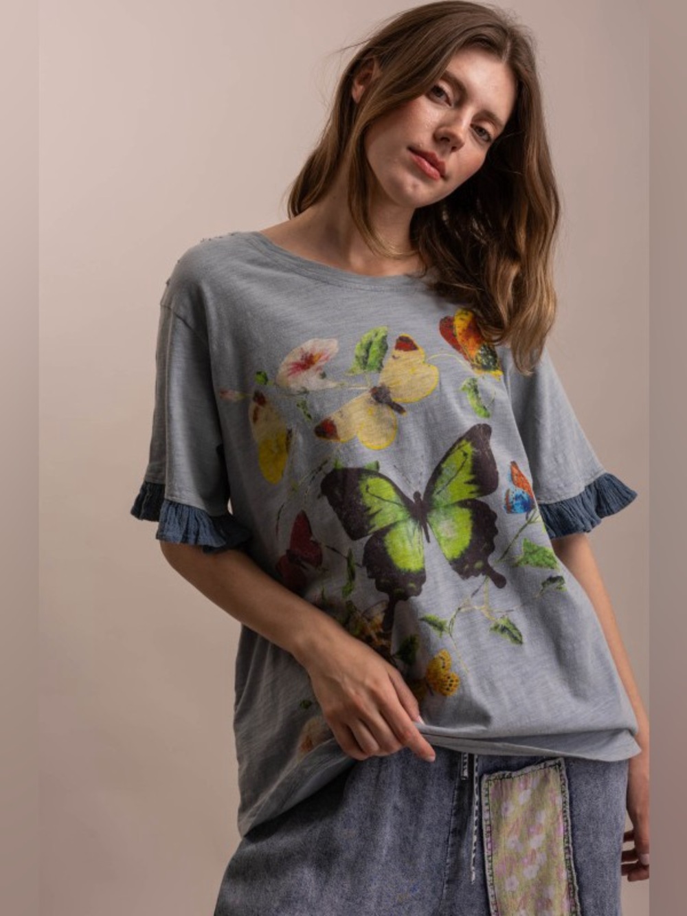 New Bluevelvet 🔥Blue Butterfly Print Ruffle Short Sleeve Top